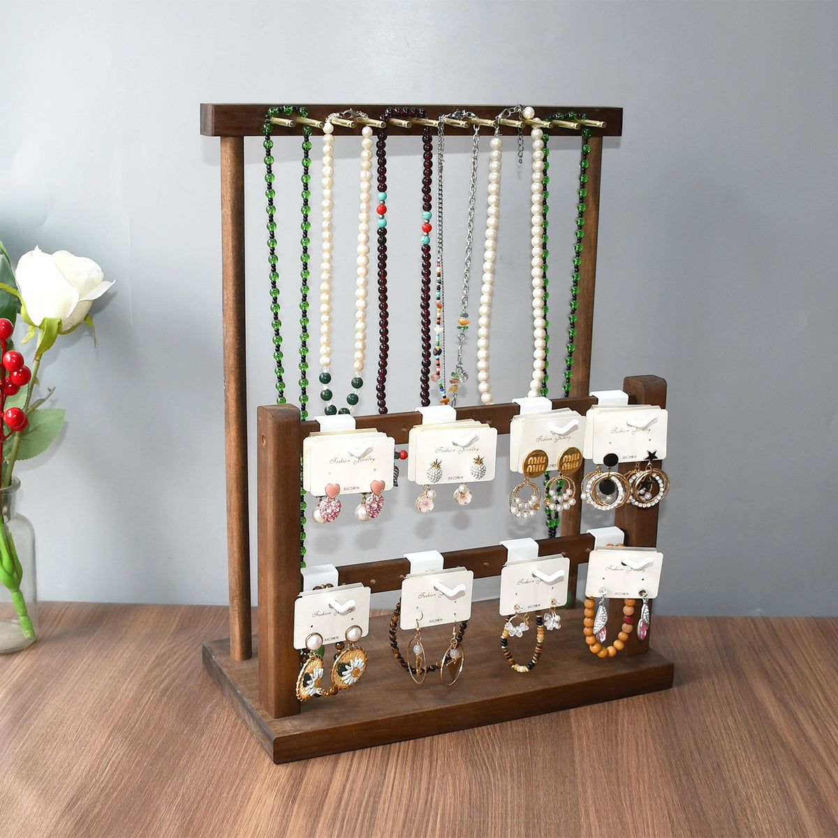 Solid Wood & Iron Double-Layer Jewelry Organizer Stand for Necklaces, Bracelets, and Earrings