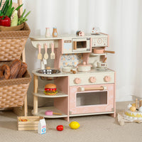 Kids Wooden Play Kitchen Set with Coffee Machine, Pretend Play Cooking Toy for Girls