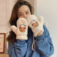 Cartoon Bear Plush Full Finger Gloves with Lanyard for Winter