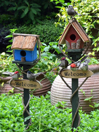 Decorative Garden Birdhouse with Fence and Bird Ornaments for Outdoor Yard and Balcony Decor