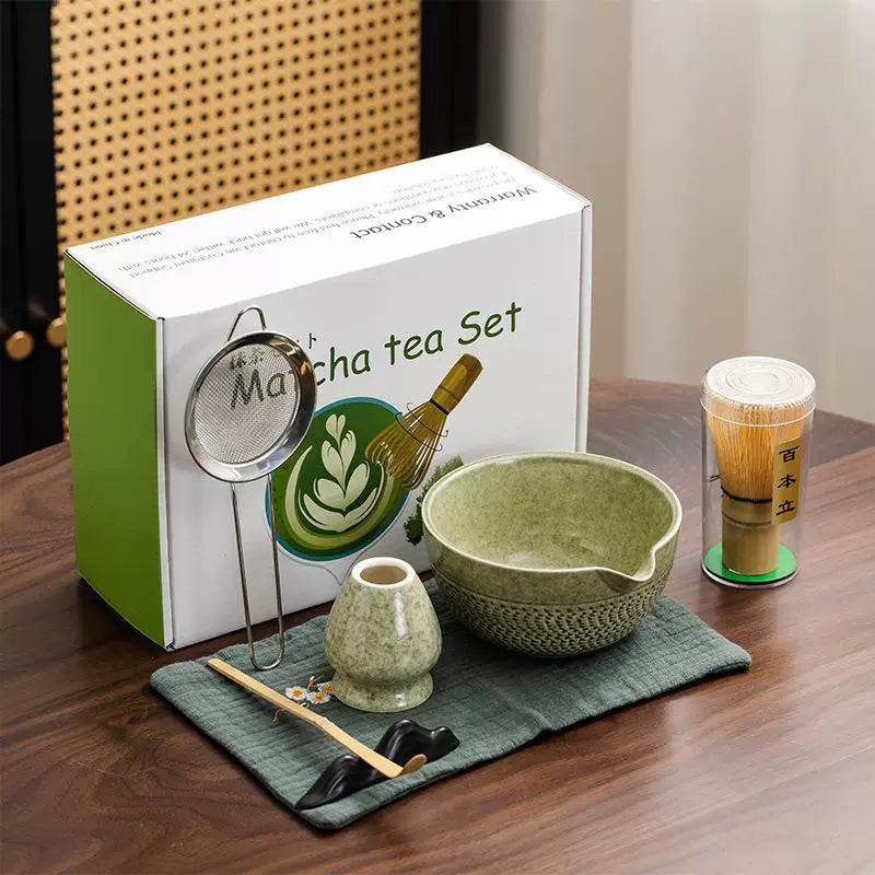 Japanese Matcha Tea Ceremony Set with Ceramic Bowl and Bamboo Whisk