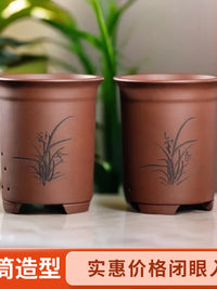 Zisha Clay Orchid Pot Round Cylindrical Planter for Cymbidium Orchids