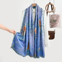 Vintage Style Double-Sided Floral Print Scarf Shawl with Hand-Rolled Edges