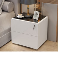 Bedside Table, Solid Wood Eco-Board Painted Nightstand with Lock, Modern Minimalist Bedroom Glass Small Storage Cabinet, Fully Assembled