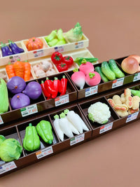 Miniature Supermarket Vegetable Stall Model with Shelves and 36 Vegetable Accessories