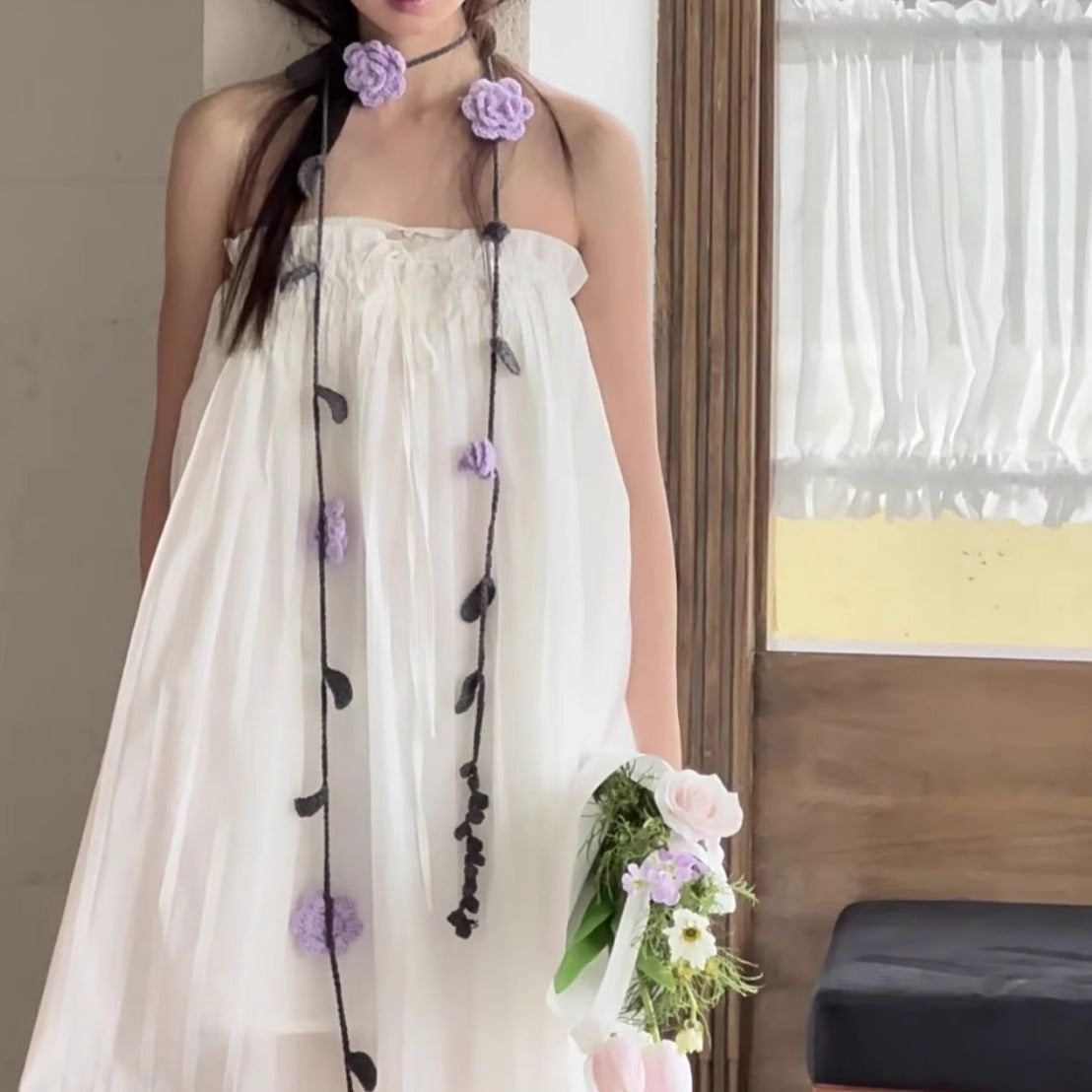 Hand-Knitted Rose Flower Scarf Narrow Long Shawl for Women, Versatile Neck or Waist Accessory