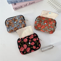 2025 New Corduroy Vintage Floral Coin Purse Portable Flip Earphone Bag Mini Lipstick Storage Card Holder
