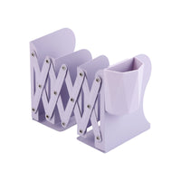 Retractable Metal Bookends with Pen Holder, Foldable Desktop Book Organizer
