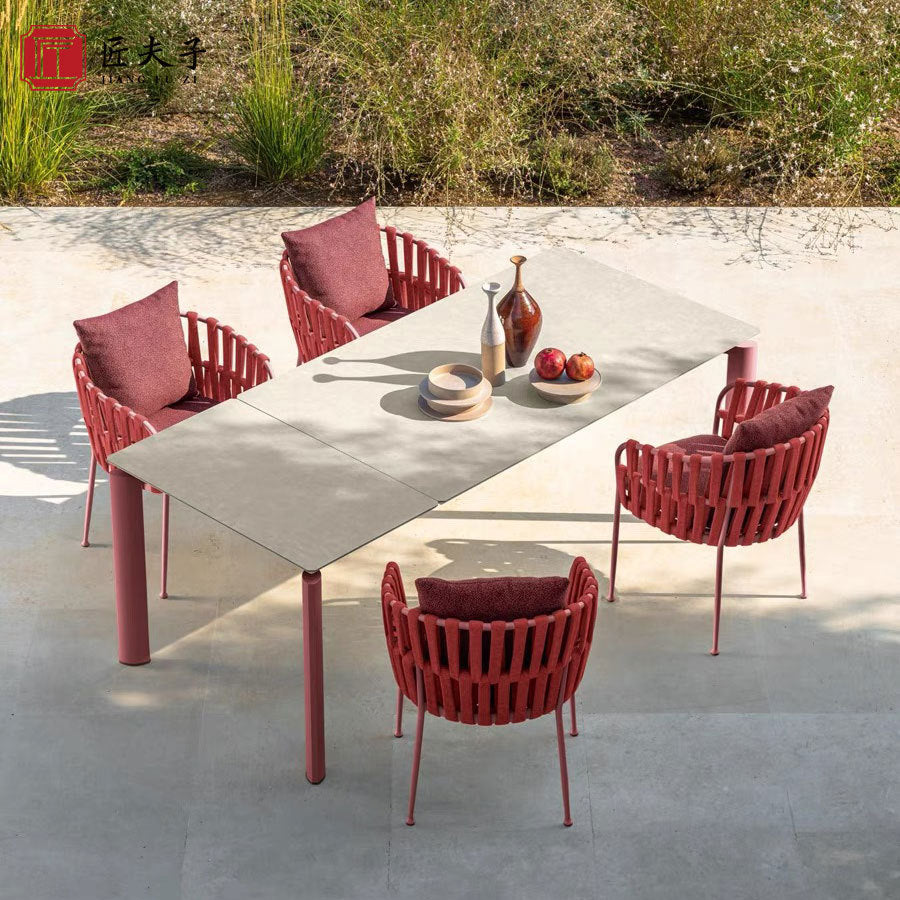 Outdoor Rattan Dining Table and Chairs Set with Rock Slab Top for Patio Garden Cafe