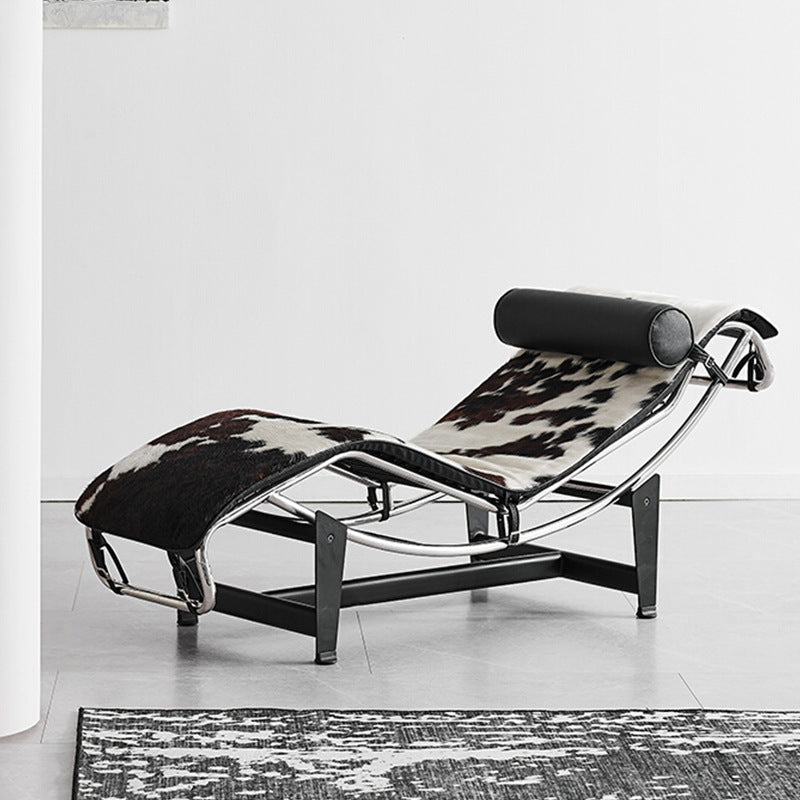 Genuine Leather Single Lounge Chair with Stainless Steel Frame, Designer Chaise Longue for Living Room