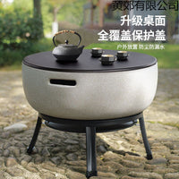 Outdoor Patio Fire Pit Grill with Cast Iron Plate and Pot for BBQ, Tea, and Crab Boiling
