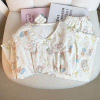 Women's Japanese Style Cloud Cotton Pajama Set with Peter Pan Collar, Long Sleeve Lace Trim Homewear
