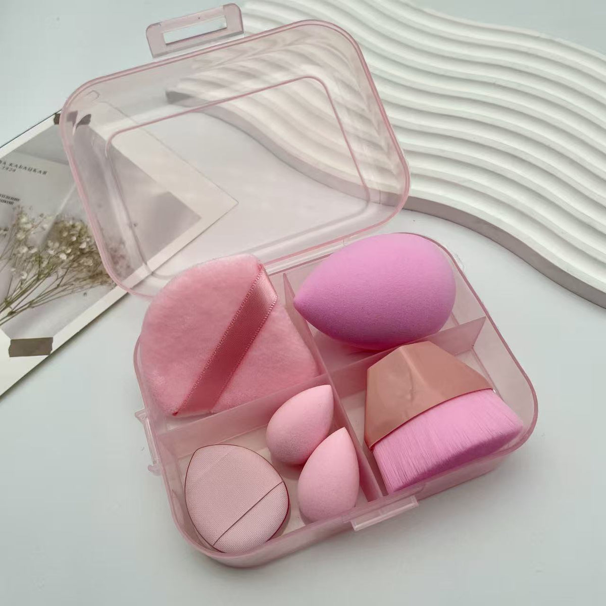 Makeup Sponge and Brush Set with Flocked Powder Puffs and Mini Sponges