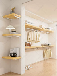 Wall-Mounted Open Wardrobe System with Metal Garment Rack and Storage Shelf