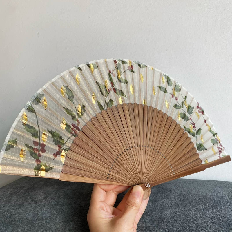 Original Gold-Stamped Leaf Berry Chinese Style Hand Fan for Hanfu Cheongsam