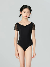Girls' Black Mesh Short Sleeve Ballet Leotard with Shorts and Non-Slip Socks