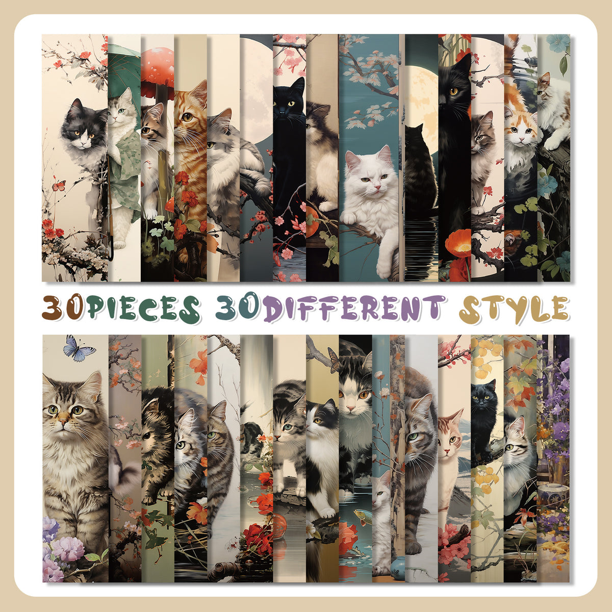 30-Pack Japanese Cat Bookmark Set with Blessing Messages