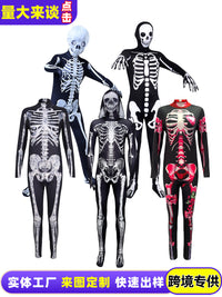Halloween Skeleton Jumpsuit Costume for Adults and Kids, Spooky Skull Bodysuit for Cosplay Parties