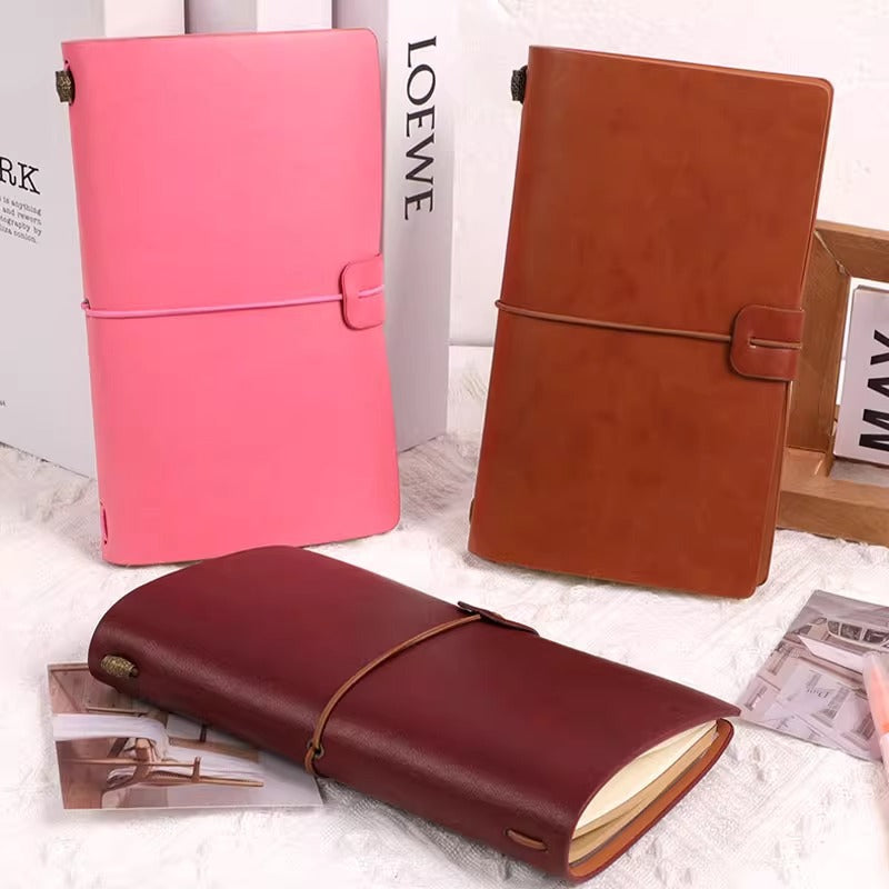 Vintage A6 Leather Journal Notebook with Strap, Loose-Leaf Diary with Blank Kraft Paper