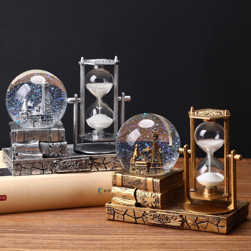 Creative Eiffel Tower Ferris Wheel Luminous Crystal Ball Hourglass with Light and Music, Resin Desktop Ornament Gift