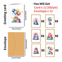 12-Pack Watercolor Birthday Cake Greeting Cards with Envelopes, Blank Thank You Notes & Invitations