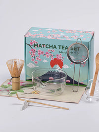 Japanese Style Glass Matcha Tea Set with Whisk and Bowl, Fujiyama Gift Box