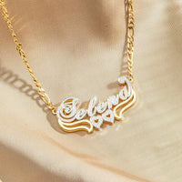 18K Gold Plated Personalized Double Layer Two-Tone Name Necklace with Heart Letter Figaro Chain