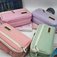 Minimalist Large Capacity Solid Color Pencil Case with Handle, Multi-layer Portable Storage Bag for Students and Office