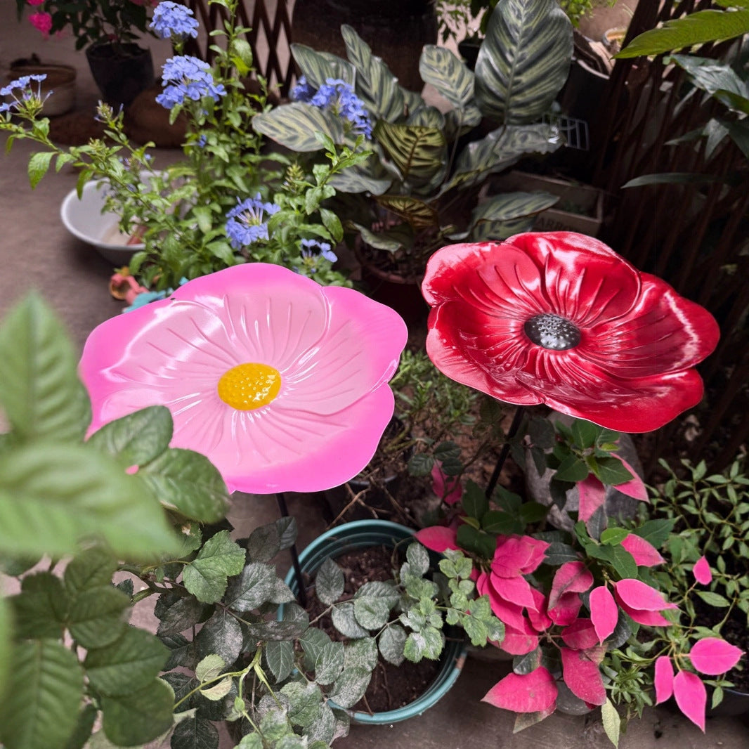 Metal Flower Bird Bath with Shepherd's Hook for Outdoor Garden and Yard