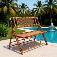 Portable Folding Bamboo Bench with Backrest, Outdoor Patio and Garden Chair