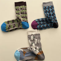 Women's Mid-Calf Geometric Pattern Socks, Japanese Retro Irregular Color Block Trendy Pile Socks
