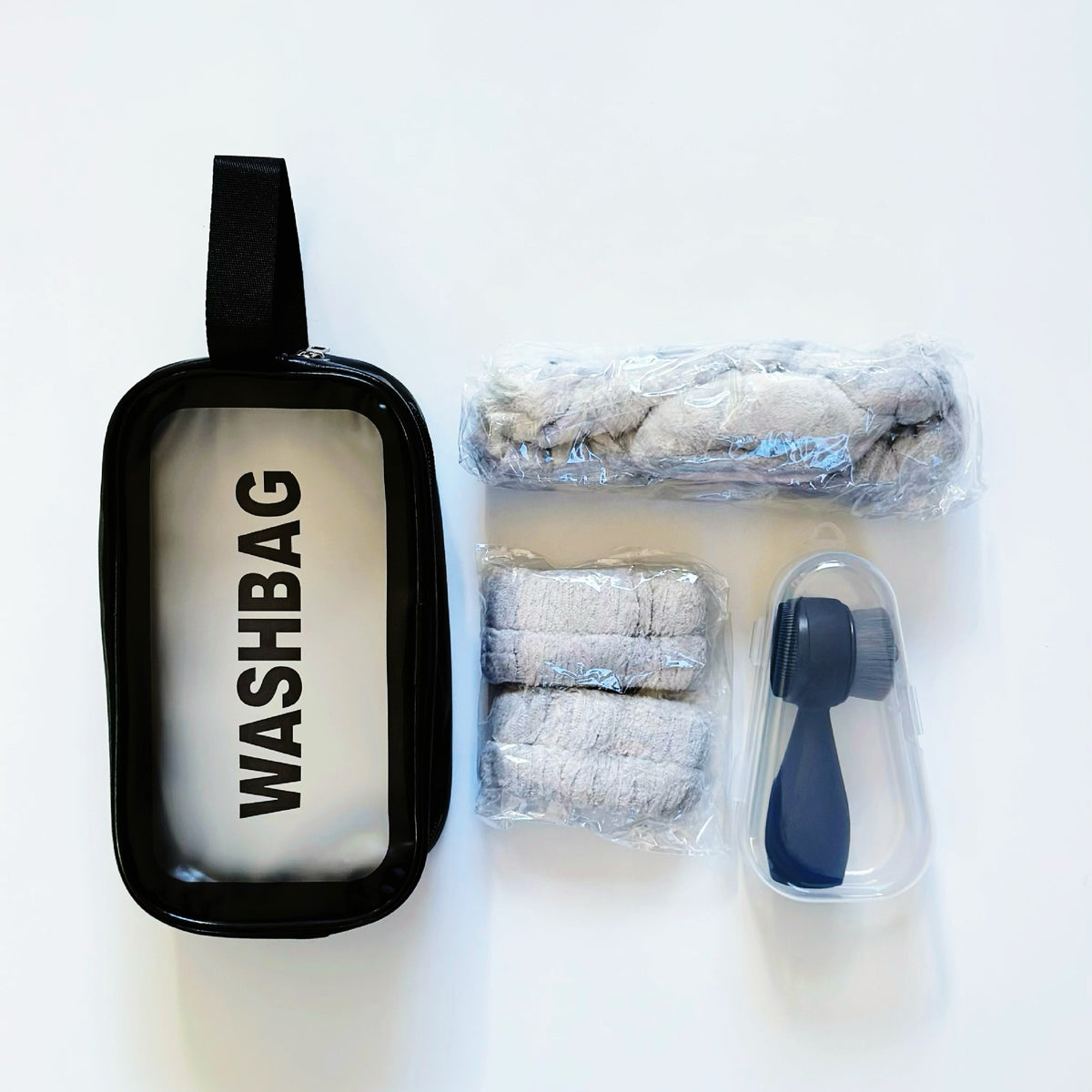 Travel Facial Cleansing Brush Set with Headband, Wristbands & PU Cosmetic Bag