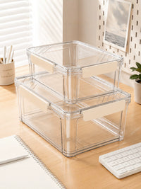 Clear Desktop Storage Box with Lid for Stationery, Badges, and Collectibles