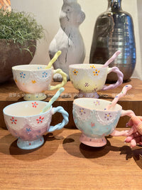 Embossed Butterfly Ceramic Mug with Spoon, Large Capacity Underglaze Coffee Tea Cup, Breakfast Milk Mug for Women