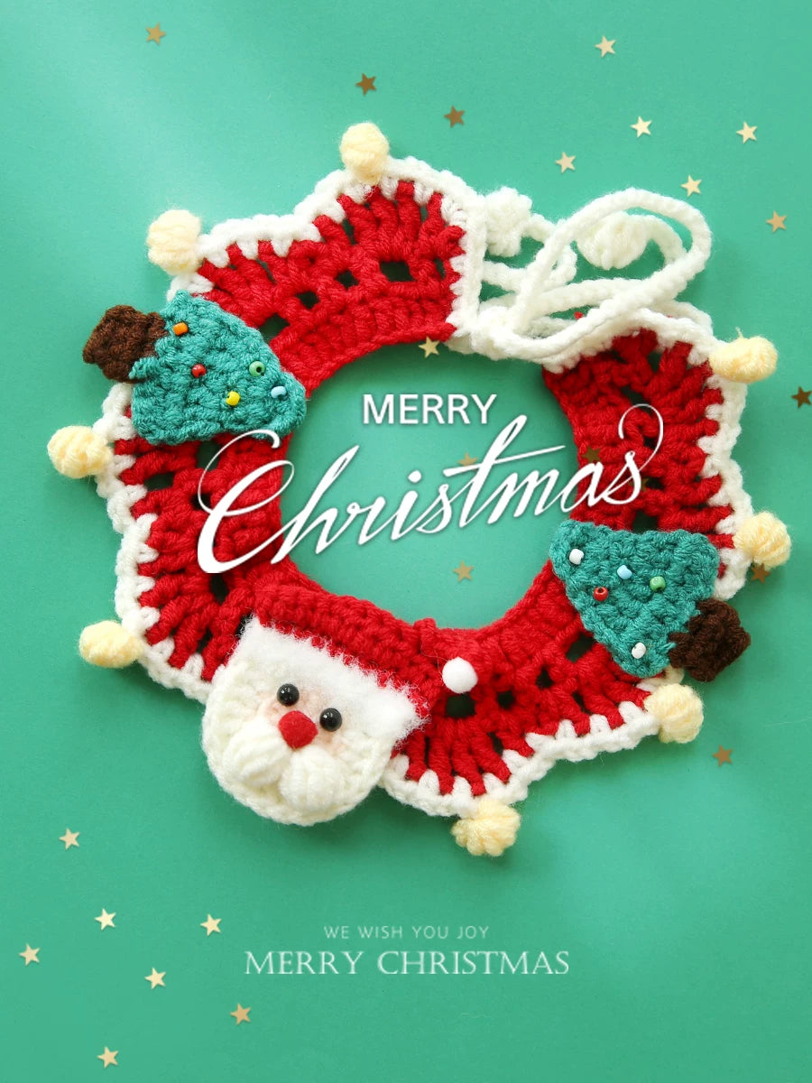 Christmas Pet Scarf with Bell and Bowtie, Hand-Knitted Crochet Collar for Dogs and Cats
