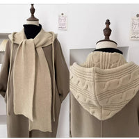 Women's Hooded Knitted Shawl with Integrated Hat and Scarf, Thickened Drawstring Design for Autumn/Winter Layering