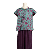 Chinese Style Floral Two-Piece Set with Stand Collar Top and Wide-Leg Pants