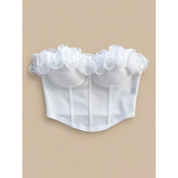 Women's Lace Trim Sleeveless Bustier Top with Boning, Slim Fit, White