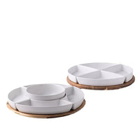 Rotating Wooden Serving Platter with Ceramic Compartments for Snacks and Candies