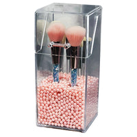 Acrylic Makeup Brush Holder with Lid and Pearl Fillers, Dustproof Cosmetic Organizer for Vanity