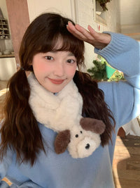 Japanese Style Puppy Plush Cross Scarf for Women, Thickened Warm Winter Neck Warmer