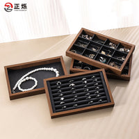 Walnut Wood Velvet Jewelry Display Tray for Rings Necklaces Earrings Bracelets, Large Capacity Organizer for Store Counter