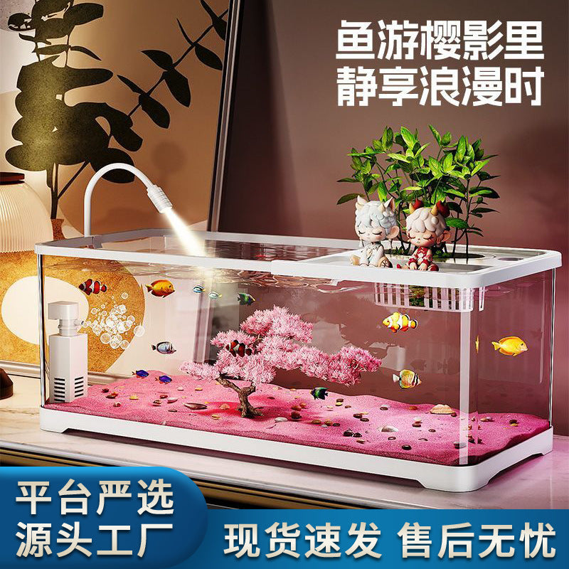 Desktop Aquarium with Lid, Cherry Blossom Landscape Fish Tank for Living Room Office, Turtle Tank