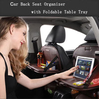 Premium Leather Car Seat Back Organizer with Kick Mat and Tray Table