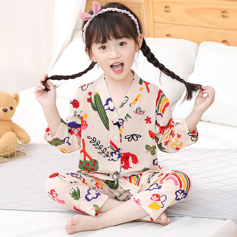 Kids' Cotton Pajama Set Summer Boys Girls Air Conditioning Suit Mid-to-Large Children's Homewear Parent-Child Baby