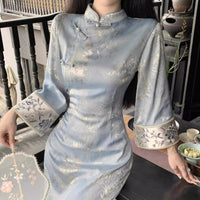 New Chinese Style Blue Printed Cheongsam Dress with Bamboo Leaf Pattern
