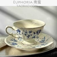 Vintage French Blue and White Porcelain Coffee Cup and Saucer Set with Gold Rim