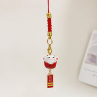 Japanese Ceramic Lucky Cat Bag Charm with Alloy Blessing Tag