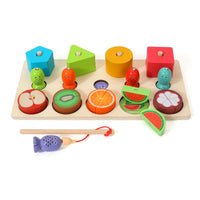 3-in-1 Wooden Geometric Shape Matching Fishing Game with Fruit Stacking Blocks for Early Education