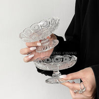 Elegant Embossed Glass Pedestal Fruit Bowl for Candy, Snacks, and Desserts